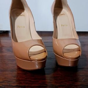Christian Louboutin Beige Patent Peeptoe Pumps size 37 1/2